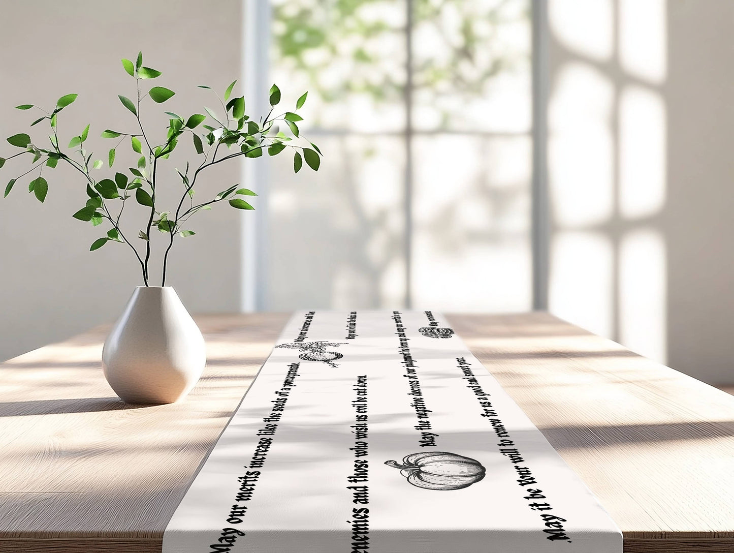 A white table runner printed with black typography and pumpkin illustrations, styled on a light wood table next to a white ceramic vase with green leaves, in a bright room with window light.