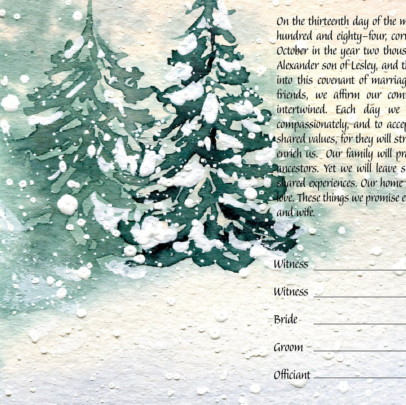 Serene snowy day ketubah
