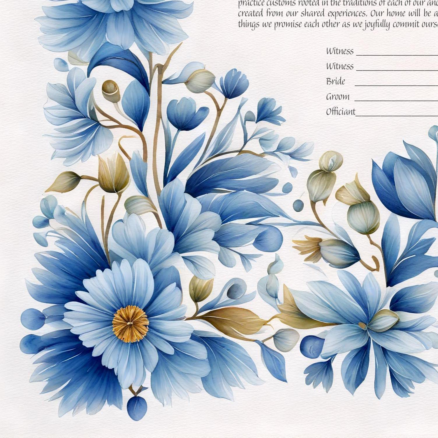 Blue and orange floral folk art ketubah