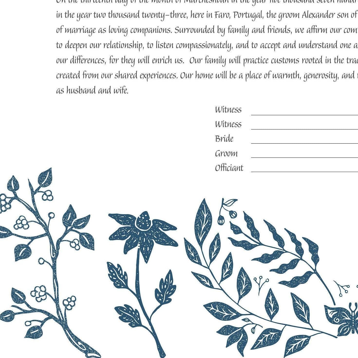 Linocut style blue folk art ketubah