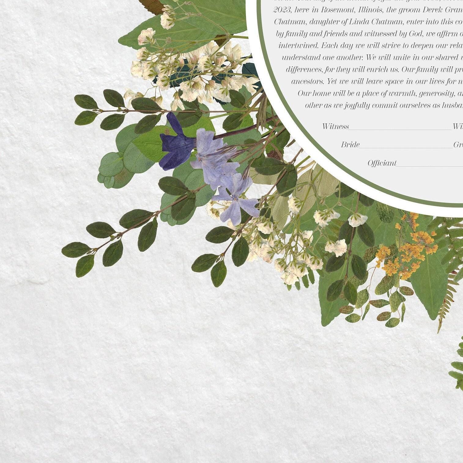 Pressed green botanicals ketubah