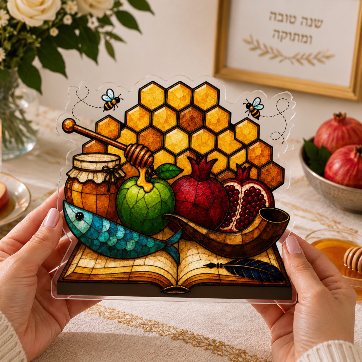 A person holds a clear acrylic plaque featuring a colorful stained-glass-style illustration of a book of life and Rosh Hashana signs, including a fish, green apple, pomegranate, honey pot, and bees, against a warm indoor table setting.