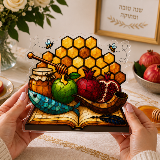 A person holds a clear acrylic plaque featuring a colorful stained-glass-style illustration of a book of life and Rosh Hashana signs, including a fish, green apple, pomegranate, honey pot, and bees, against a warm indoor table setting.