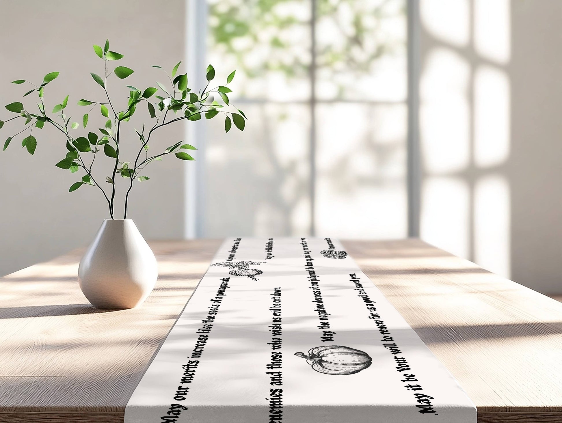 A white table runner printed with black typography and pumpkin illustrations, styled on a light wood table next to a white ceramic vase with green leaves, in a bright room with window light.