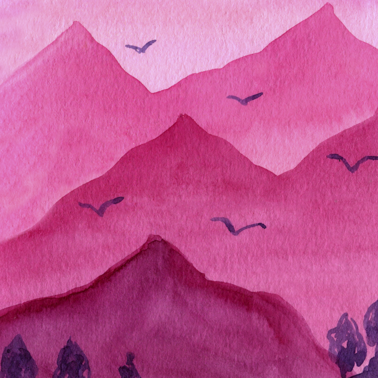 Watercolor painting of pink mountains with purple trees and birds.