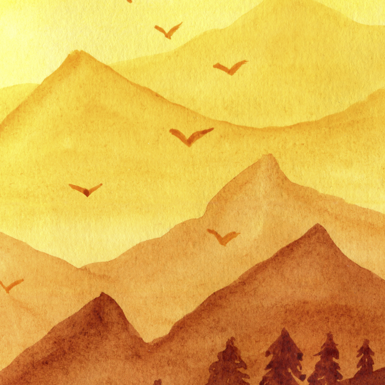 Watercolor painting of mountains and trees with birds flying above on a yellow background