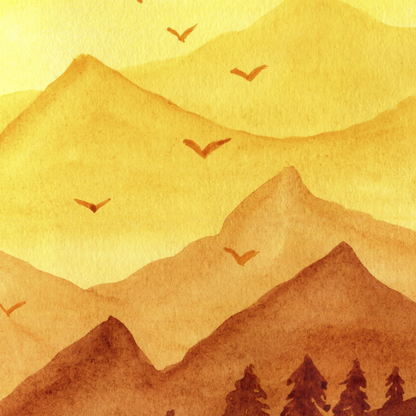 Watercolor painting of mountains and trees with birds flying above on a yellow background