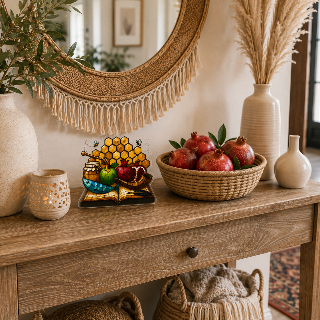 A rustic wooden console table styled in a warm, bohemian home interior, decorated with a large beige ceramic vase, a woven basket of red pomegranates, a decorative rosh hashana figurine, and a small white vase under a round fringe mirror.