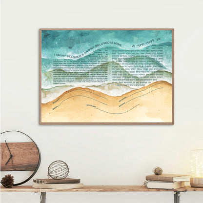 Watercolor beach ocean waves reaching shore ketubah