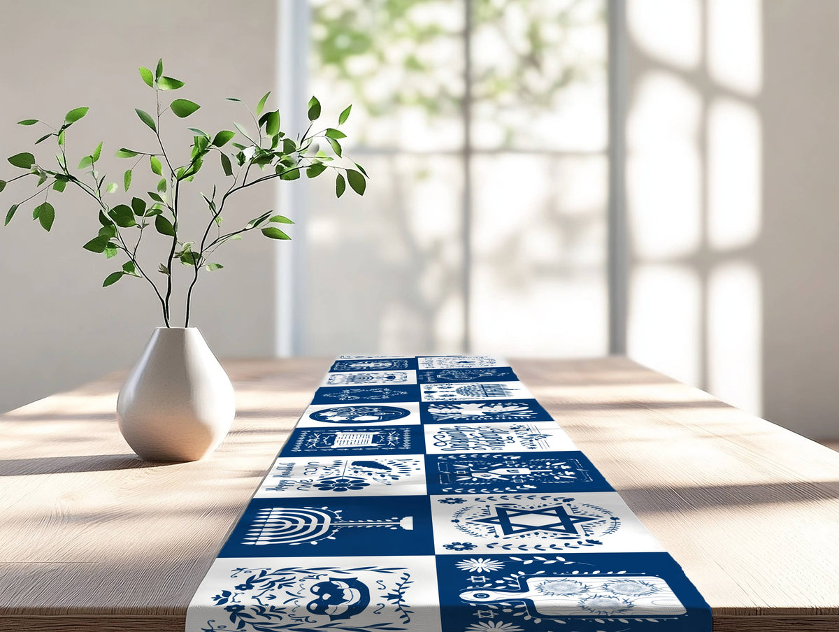 hanukkah table runner in kitchen near window