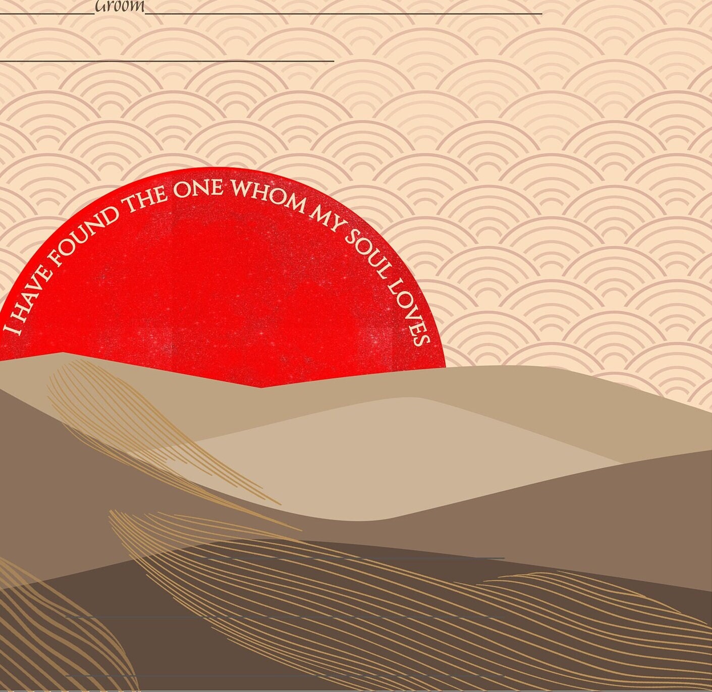 Japanese pattern red sunset landscape ketubah