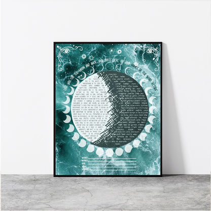 This ketubah features a beautiful cosmic ocean design with phases of the moon, celestial symbols, and a blend of Hebrew and English texts arranged in a circular pattern.