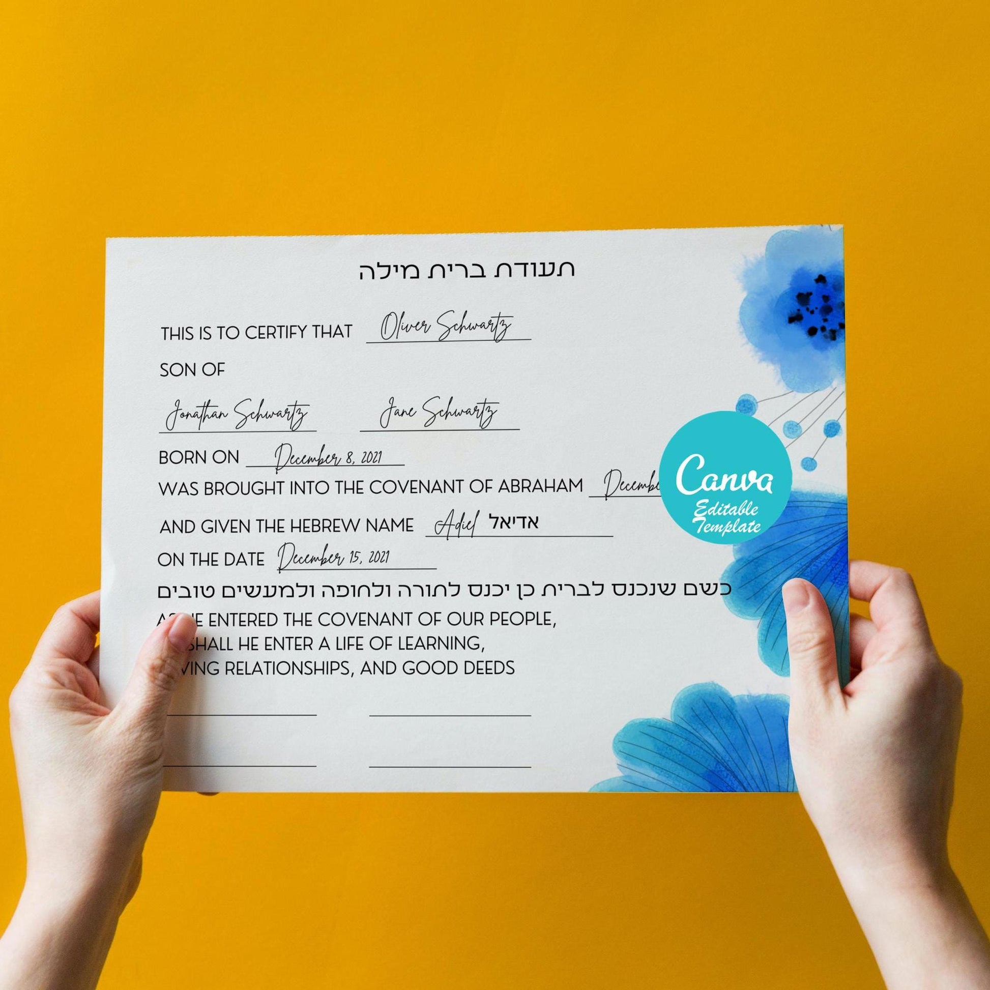 Bris or Jewish Baby Naming Certificate, digital or hard copy, canva template