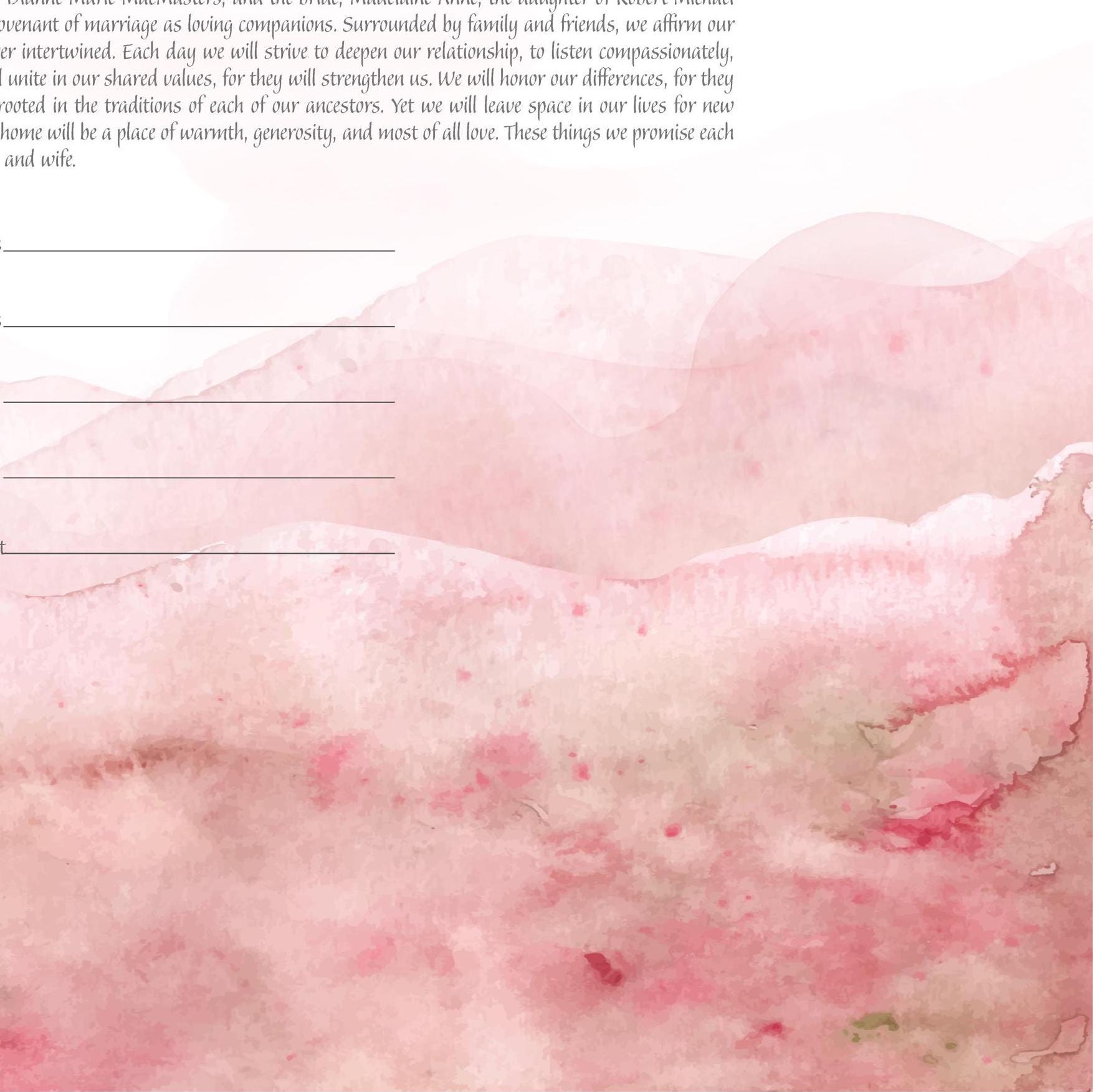 Rose Dawn Watercolor Ketubah, pink ketubah, pink watercolor ketubah