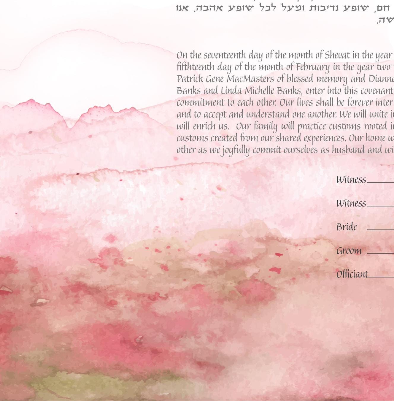 Rose Dawn Watercolor Ketubah, pink ketubah, pink watercolor ketubah