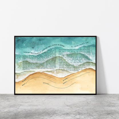 Watercolor beach ocean waves reaching shore ketubah