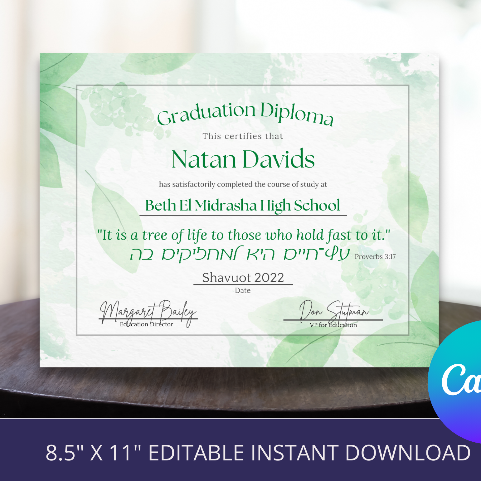 Graduation diploma mockup with green floral design on a white background, featuring the Canva logo.