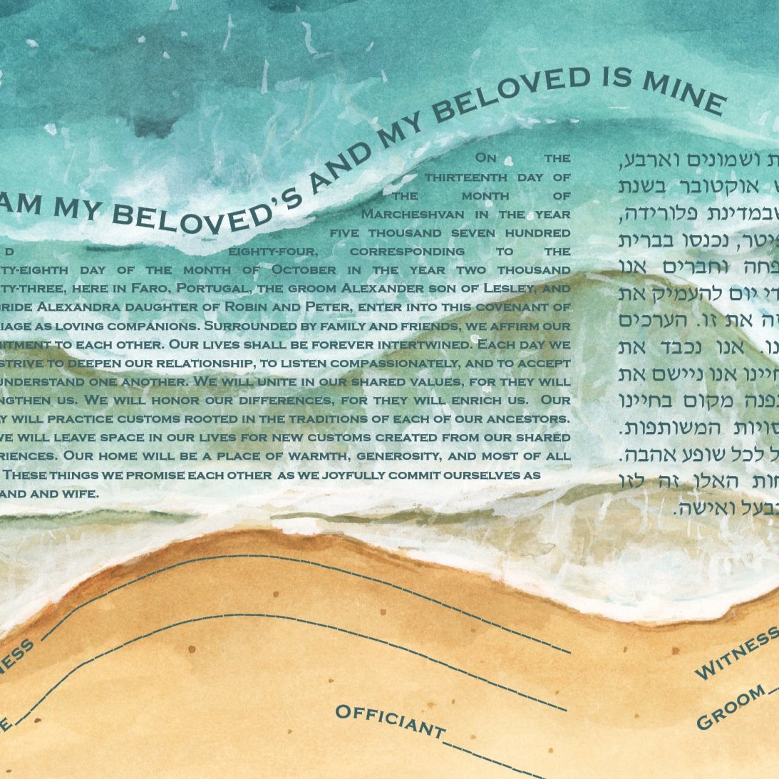 Watercolor beach ocean waves reaching shore ketubah