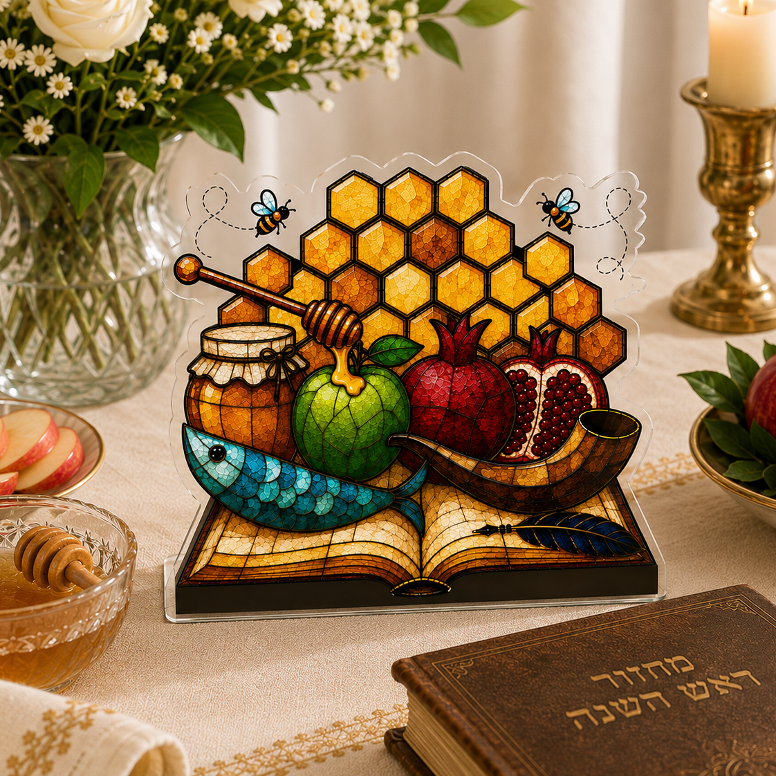 A decorative acrylic or glass tabletop sign featuring a stained-glass-style design with honeycomb, honey jars, a dipper, fish, pomegranates, and an open book, displayed on a table with apples, honey, flowers, candles, and a brown book with Hebrew text.