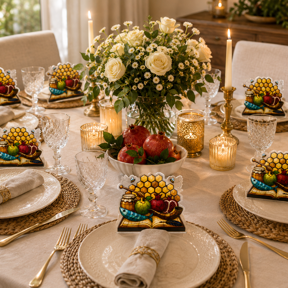 A beautifully styled Rosh Hashana holiday dining table set with white plates, woven placemats, gold cutlery, lit candles, a large white rose centerpiece, and decorative fruit and book-themed place cards.